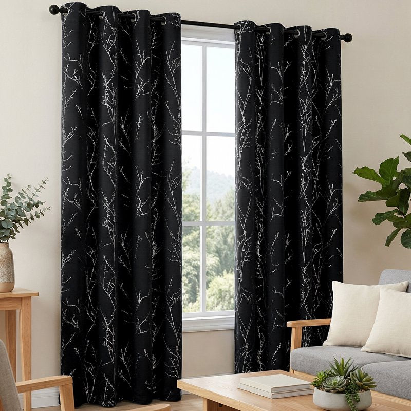 Blackout Thermal Insulated Curtains - Room Darkening Drapes with Tree Branch Pattern