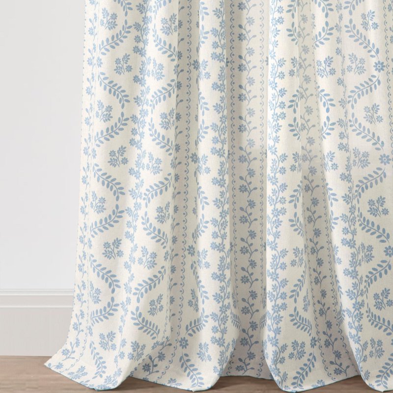 Delicate Floral Linen Blend Window Curtain Panels Pair - Neutral or Blue