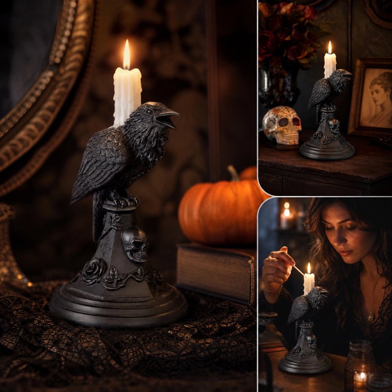 Candlestick Gothic Raven Resin Candle Holder - Variation: Candlestick-B
