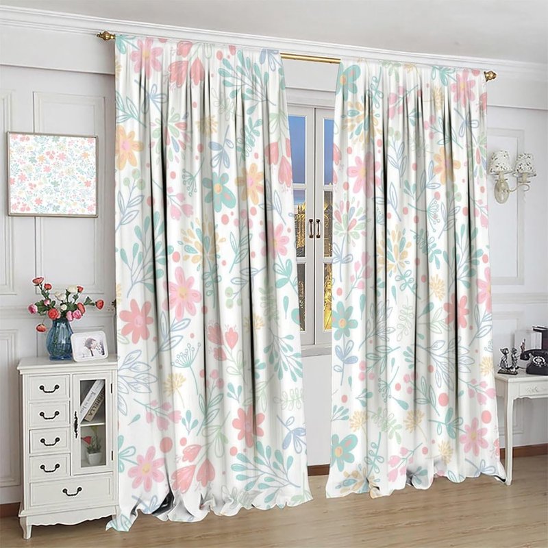 Watercolour Floral Curtains Set - Hand-Painted Plant Design for Bedrooms & Living Rooms