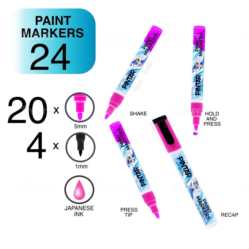 Oil Based Paint Markers Set for Rock, Glass, Wood, Fabric, Plastic - 20 Medium & 4 Fine Tips