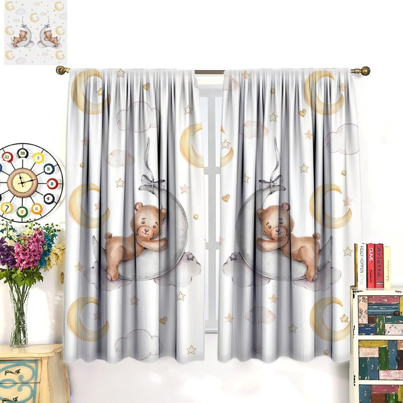 Kids Cartoon Bear Watercolor Curtain Set - Insulated Window Treatments for Nursery & Bedroom