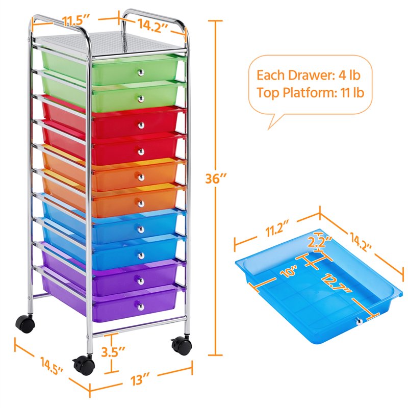10-Drawer Rolling Storage Cart with Wheels - Multi-Color Home Office Organizer