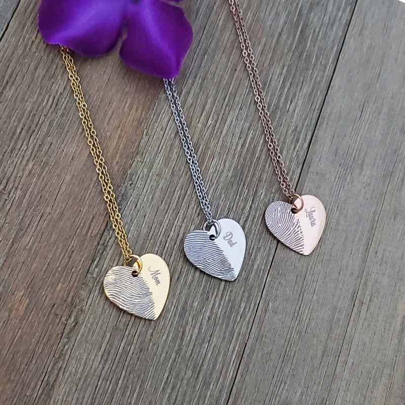 Personalized Fingerprint Necklace Memorial Keepsake Stainless Steel Engraved Heart Pendant