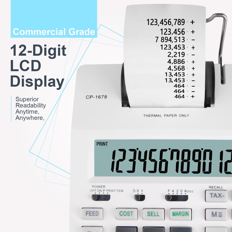 Thermal Printing Calculator with Large LCD, 12-Digit Count, Paper Roll, Type-C Charge