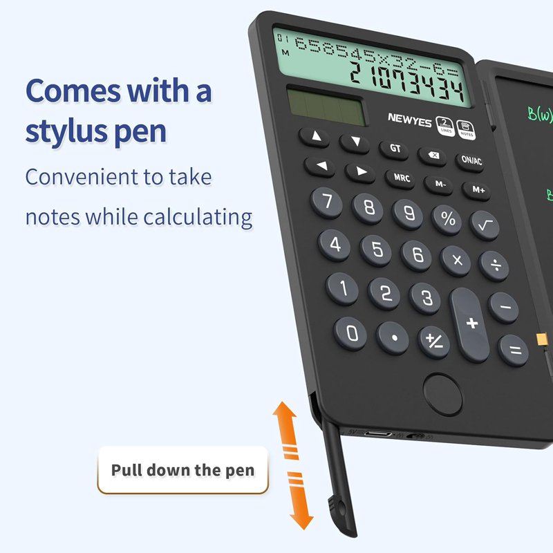 Rechargeable Portable Calculator with Notepad & 12-Digit Display - Black