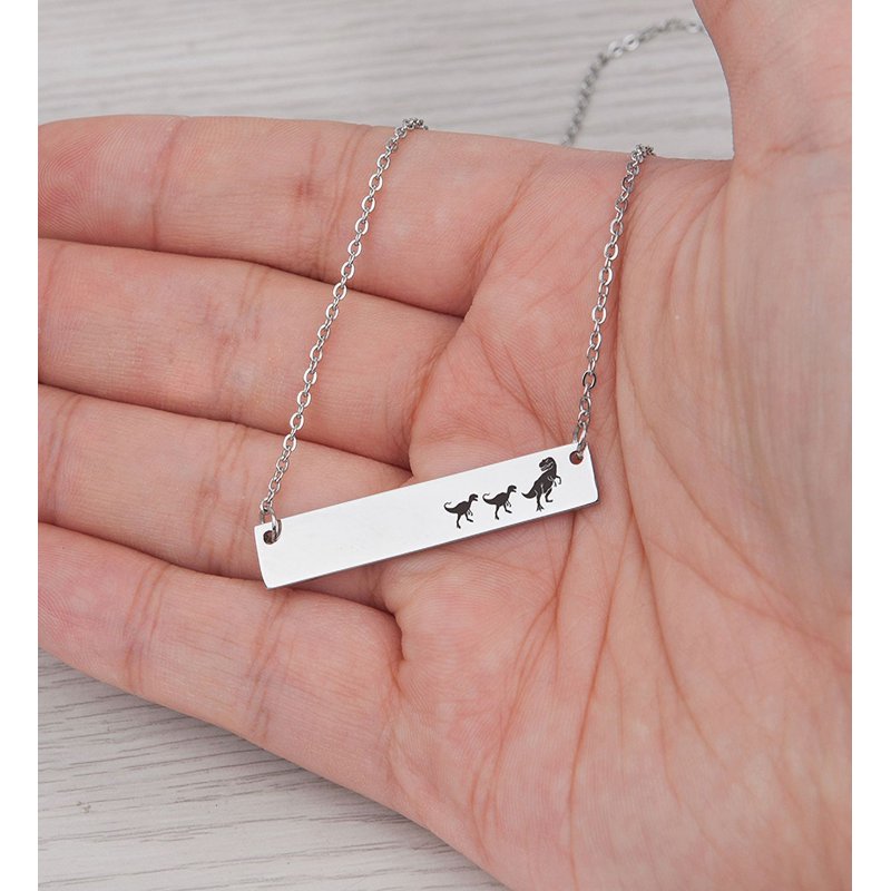 Personalized Dinosaur Family Necklace - Engravable Mama & Baby Bar Necklace - Silver, Rose Gold, Gold