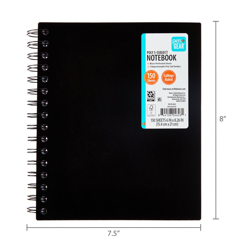 5-Subject Poly Notebook with Repositionable Dividers - 6x8.26 Black, 150 Sheets
