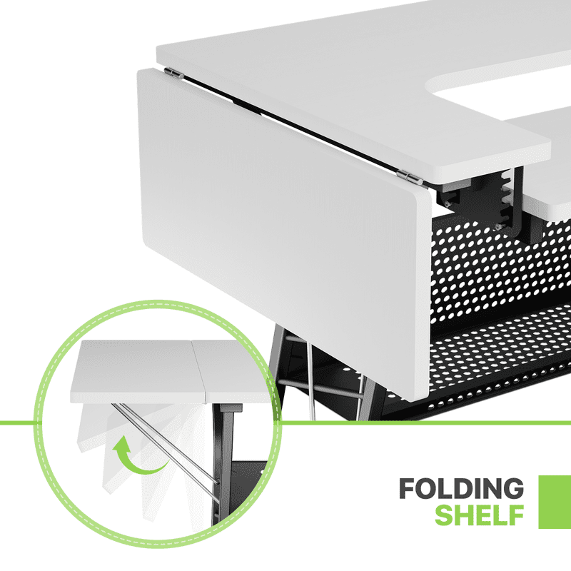 Sewing Machine Table with Storage Shelves & Adjustable Platform - White
