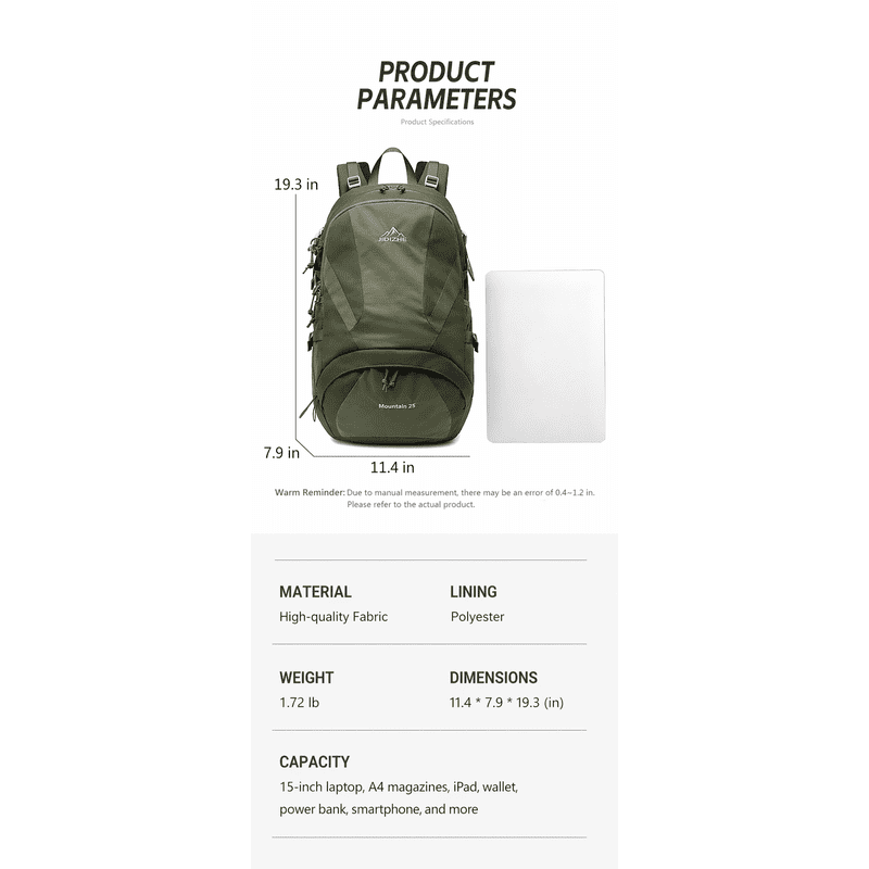 Lightweight Water-Resistant Hiking Backpack for Men & Women - 25L Capacity