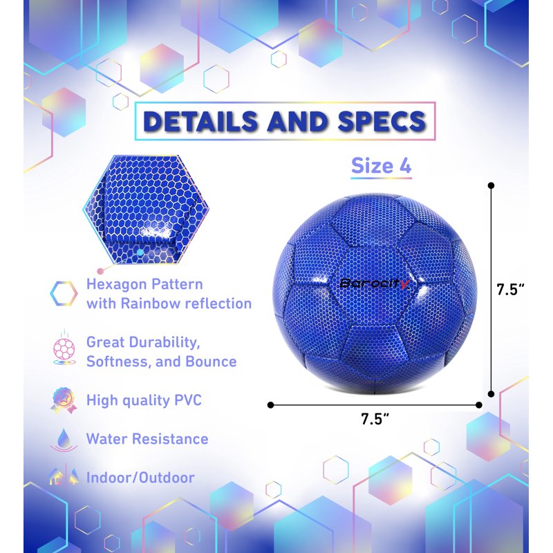 Barocity Blue Size 4 Premium Official Match Soccer Ball - Reflective Rainbow Hex Pattern