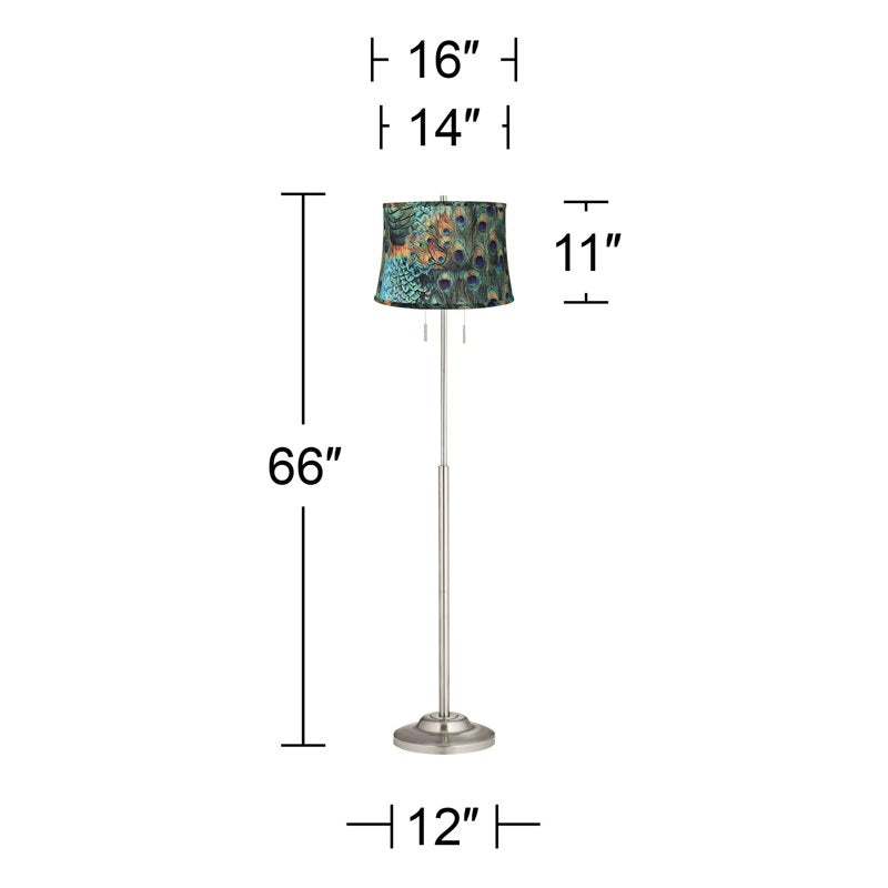 Modern Floor Lamp with Peacock Print Drum Shade - Brushed Nickel Finish, 66 Inches Tall