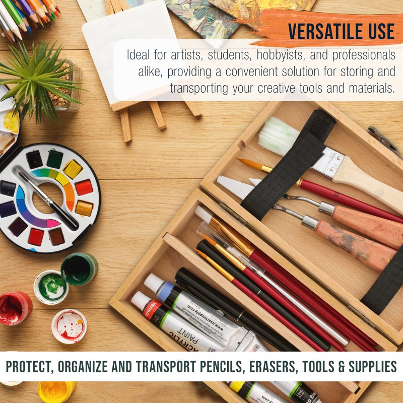 Art Supply Wooden Tool and Brush Storage Box with Locking Clasps - Portable Organizer for Pencils and Supplies