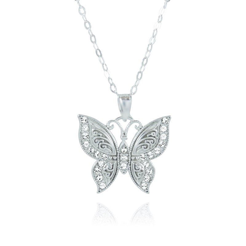 Sterling Silver Crystal Butterfly Pendant Necklace 18 Inch Hypoallergenic Jewelry