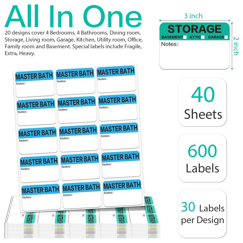 600 Pack Moving Box Labels with Writable Notes for 3-4 Bedroom House Packing