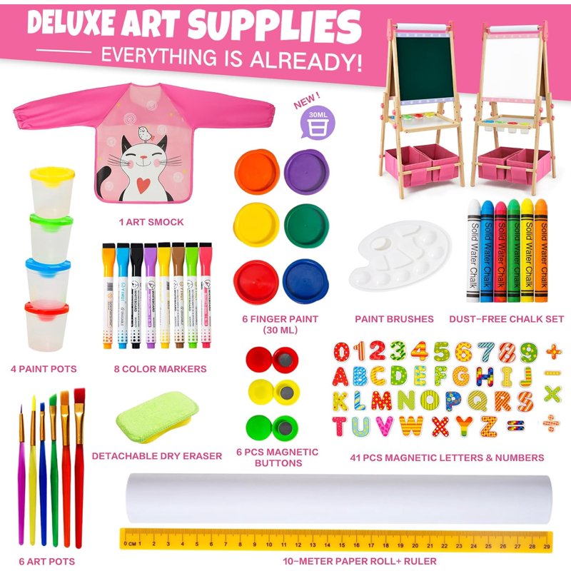 Kids Art Easel with Whiteboard & Chalkboard, Adjustable Wooden Dual-Sided Craft Station