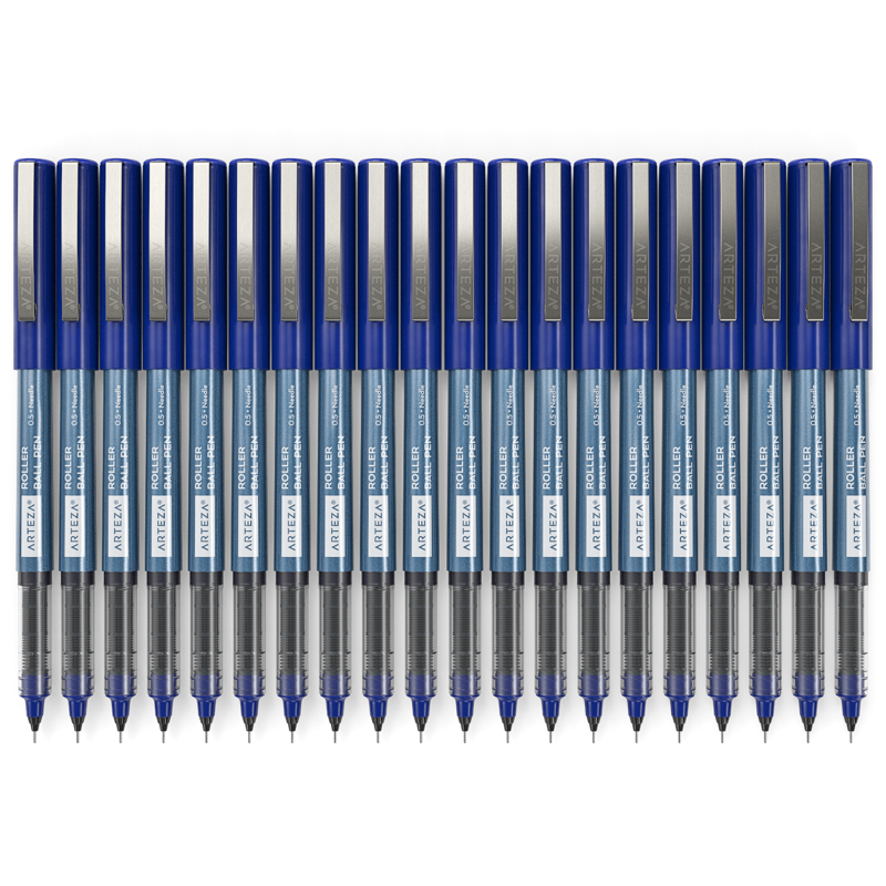 Bulk Blue Rollerball Pens with Fine 0.5mm Needle Tip - 20 Pack for Writing & Drawing