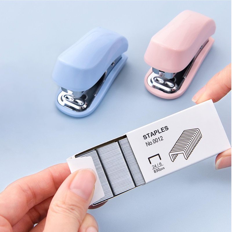 Mini Stapler with Staples and Remover - Compact Office Desk Tool in Blue & Pink