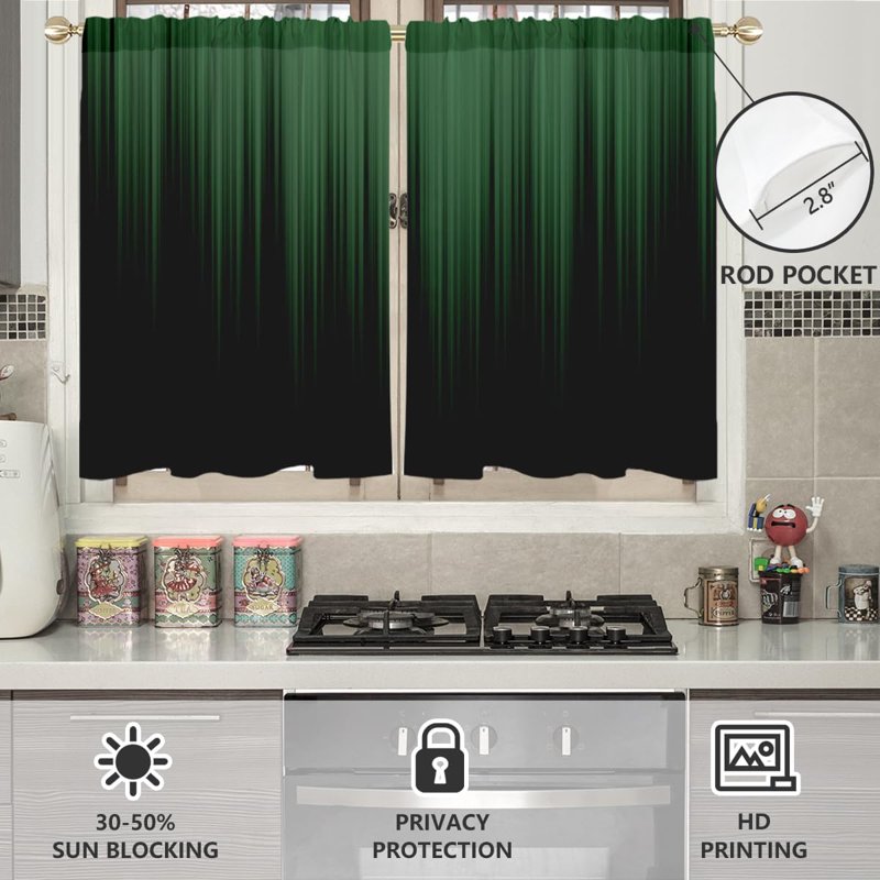 Green and Black Window Curtains for Kitchen Bedroom - Short Gradient Drapes, 1 Pair