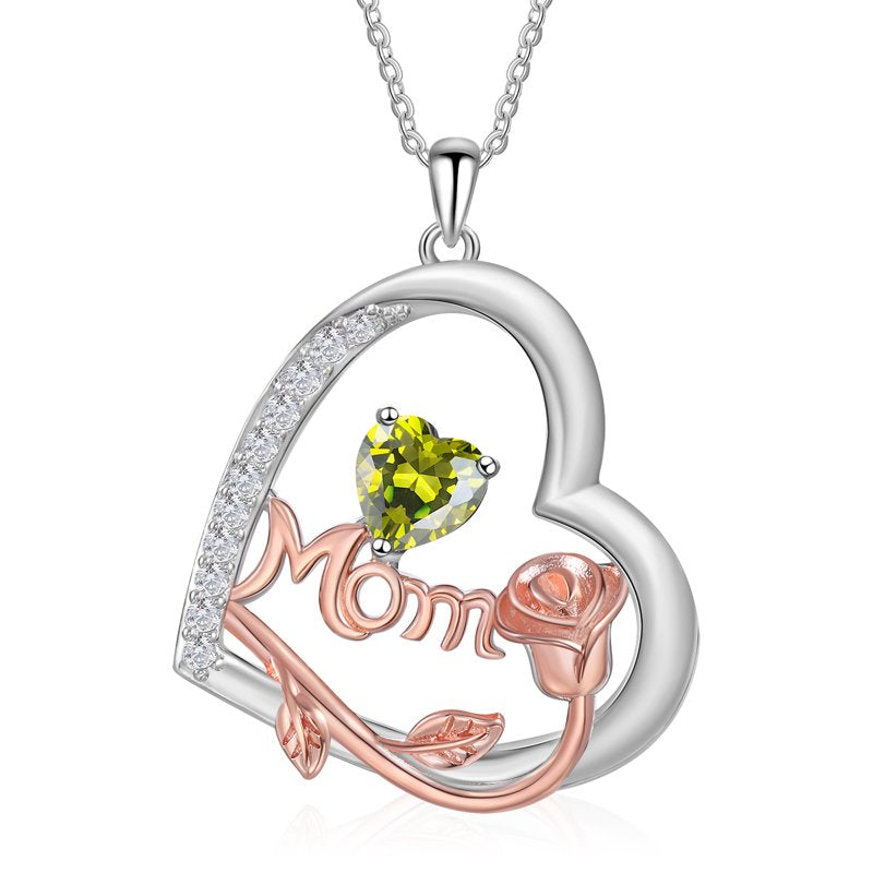 Personalized Heart Family Necklace with Birthstone for Women - Mom Gift