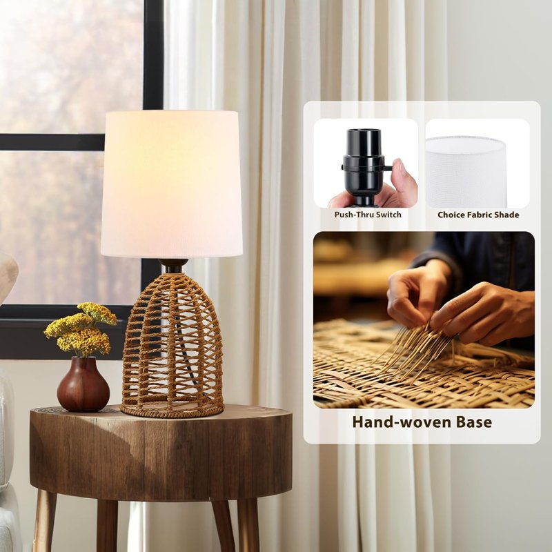 Set of 2 Rattan Boho Table Lamps - Small Farmhouse Nightstand Decor