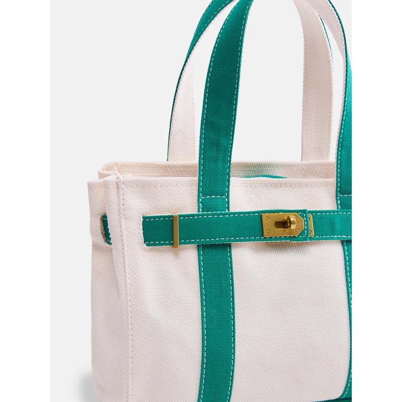 Women's Small Canvas Tote Handbag with Front Buckle - Natural & Green