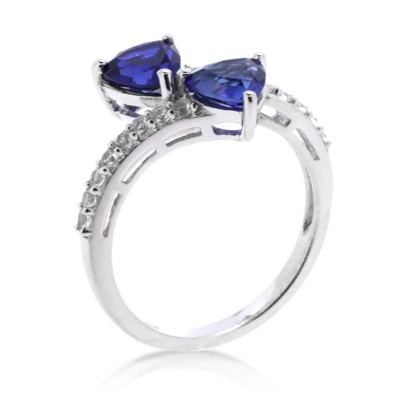 Sterling Silver Sapphire & White Sapphire Bypass Ring - Adjustable Sizes