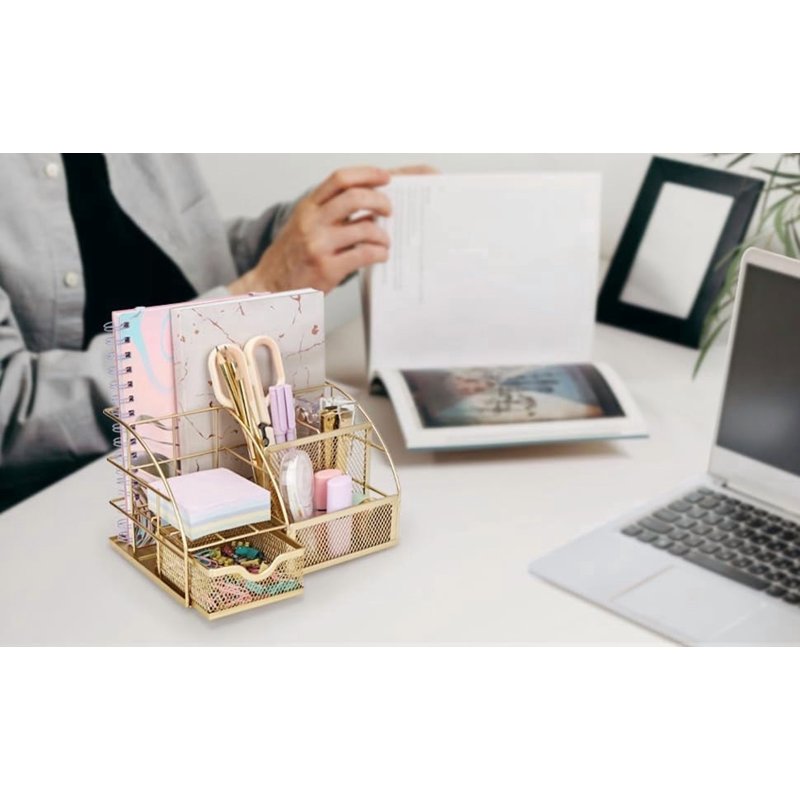 Wire Mesh Desk Organizer with 6 Compartments - Office & Home Storage