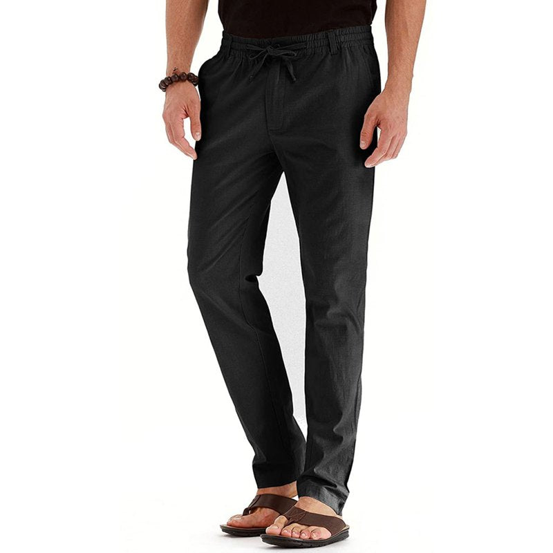 Men's Elastic Waist Cotton Pants for Seniors - Loose Straight Leg Trousers with Pockets