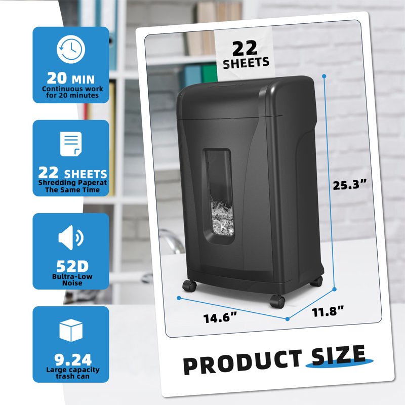 Heavy Duty Commercial Paper Shredder with 22-Sheet Capacity and Large Waste Bin