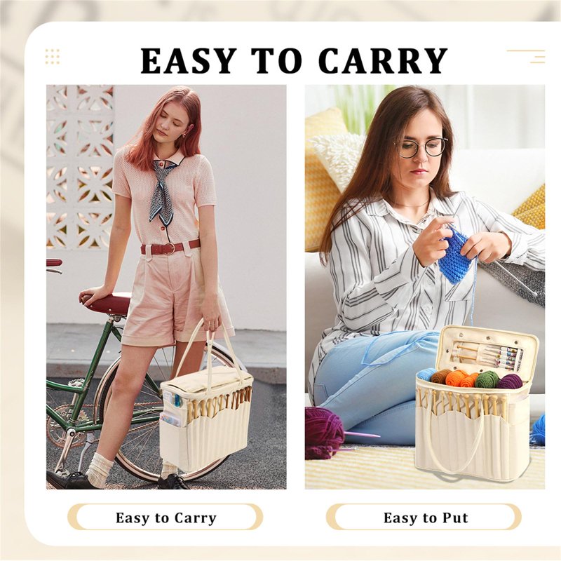 Large Capacity Canvas Yarn Organizer Tote Bag with Multi-Pockets for Knitting & Crochet