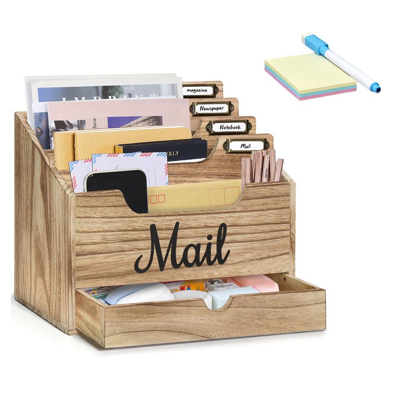 Wood Desktop Mail Organizer with 4 Large Compartments and Drawer – Rustic Office Desk Storage