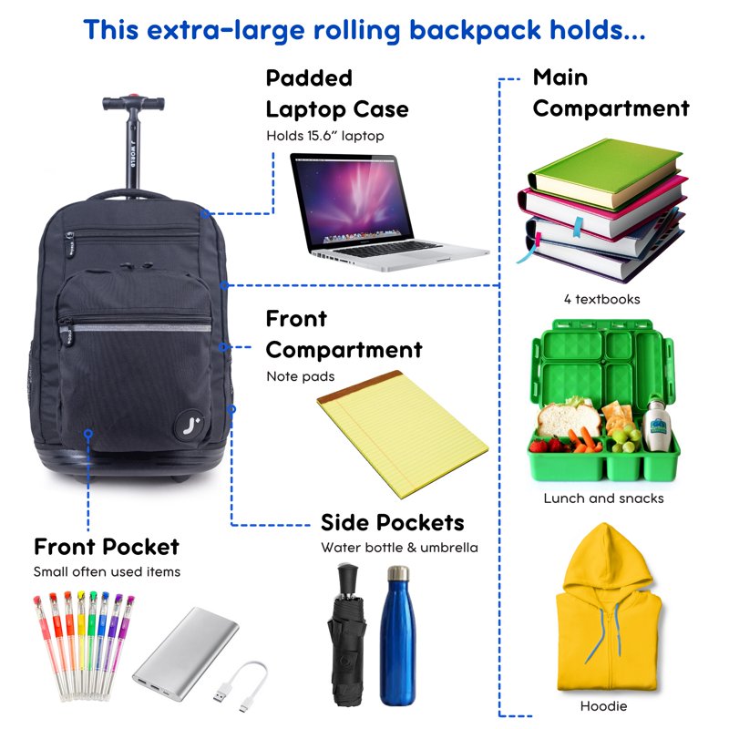 20-Inch Rolling Backpack with Laptop Sleeve for School & Travel - Black