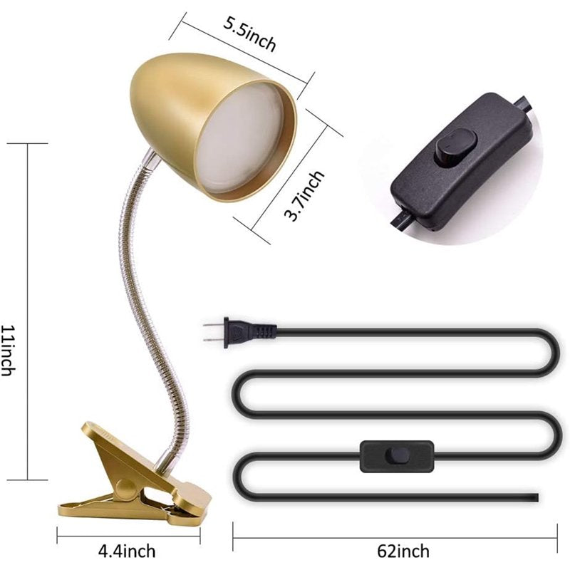 11-Inch LED Desk Lamp with 3.5W Cool White Light, Gold Finish, Clip-On