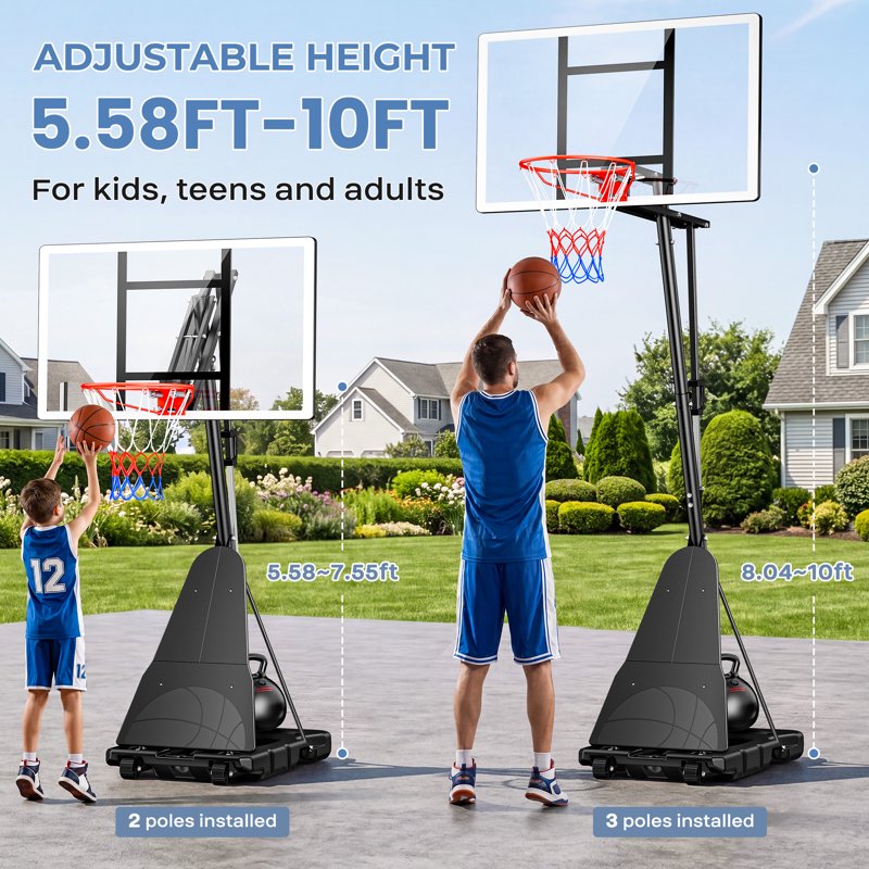 44-Inch Portable Basketball Hoop with Adjustable Height & Shatterproof Backboard