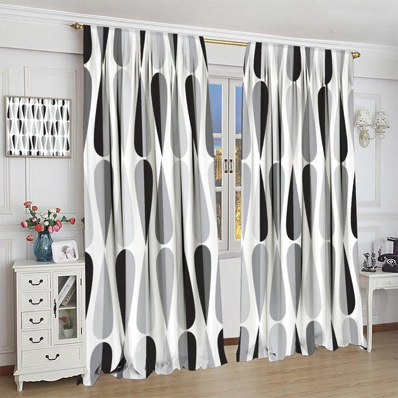 Mid Century Black White Gray Droplet Pattern Curtains - Thermal Insulated Window Drapes, 2 Panels
