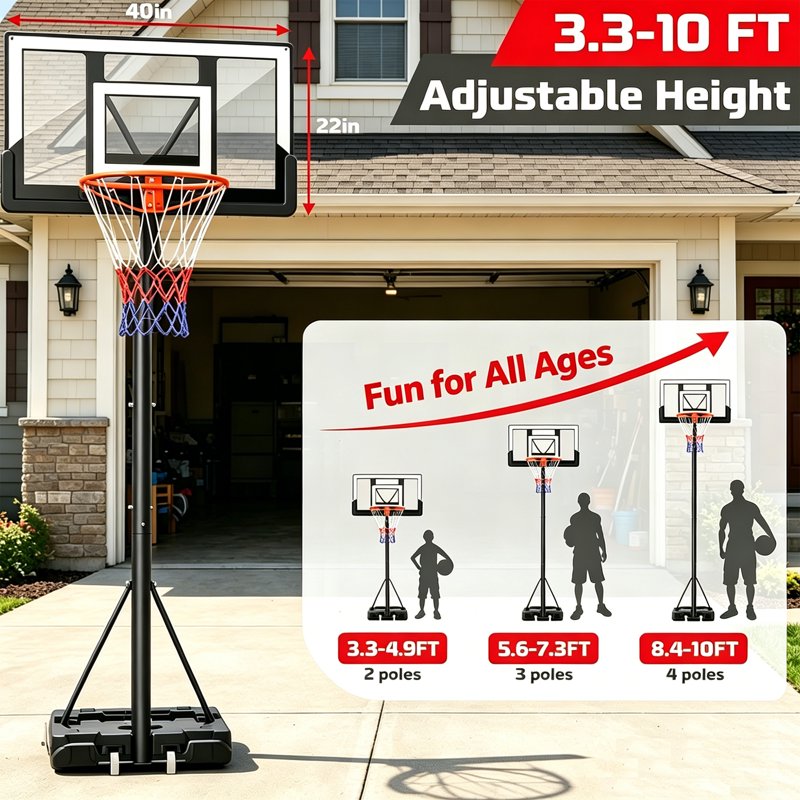 Portable Basketball Hoop with Adjustable Height 3.3-10 FT for Outdoor & Indoor Play