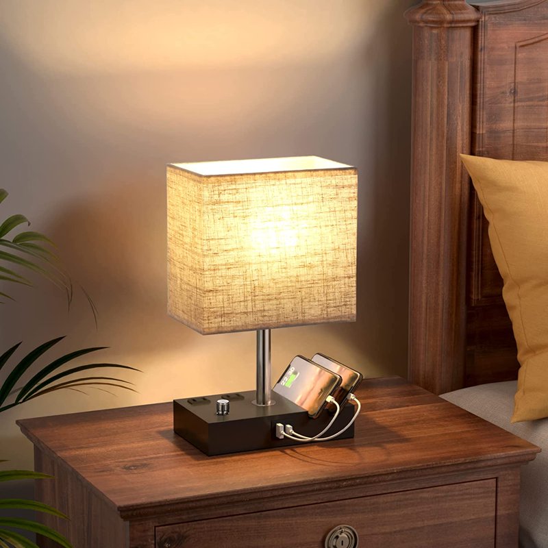 Dimmable Bedside Table Lamp with Dual USB Charging Ports - Modern Nightstand Light