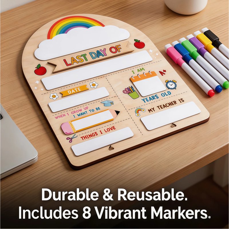 Last Day of School Sign with Markers - Reusable Wooden Photo Prop for Preschool & Kindergarten