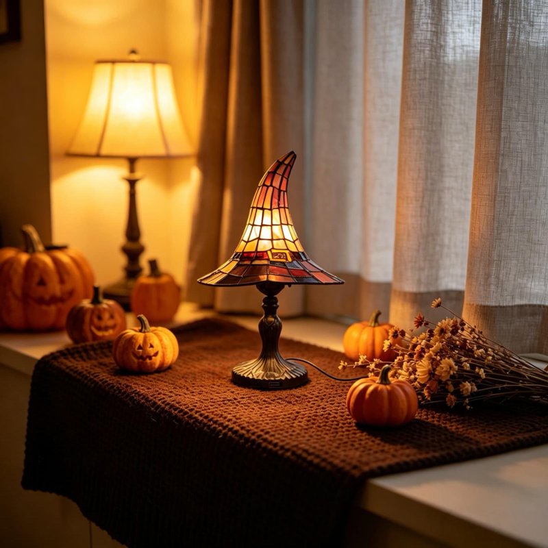 Halloween Decor Witch Hat Lamp - LED Night Light for Indoor Shelves and Tables - Gothic Home Accent