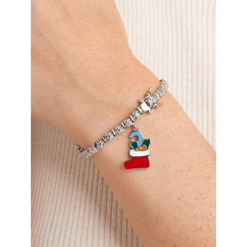 Silver Plated Tennis Bracelet with Holiday Enamel Charms - Christmas Stocking & More