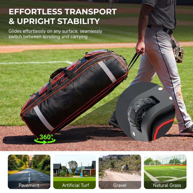 100L Baseball & Softball Equipment Bag with Wheels and Waterproof Storage