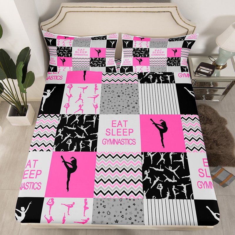 Twin Sheet Set - Pink White Gray 345 | Manfei Gymnastics Themed 3-Piece Bedding