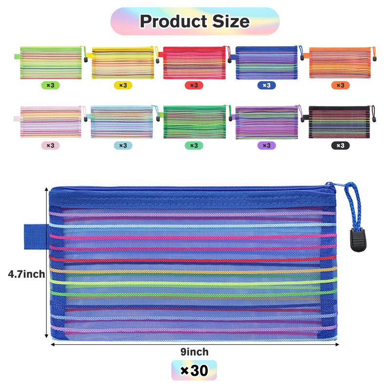 Mesh Zipper Pouch Bags Set - Waterproof Small Storage Organizers, 10 Colors