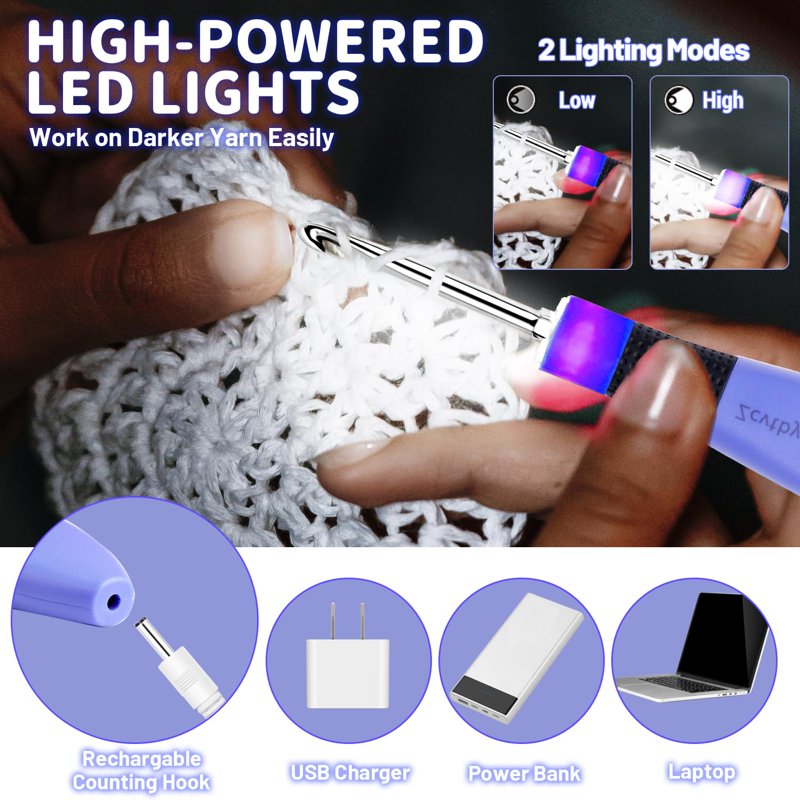 Digital Crochet Hook Set with LED Light and Stitch Counter - Multiple Sizes