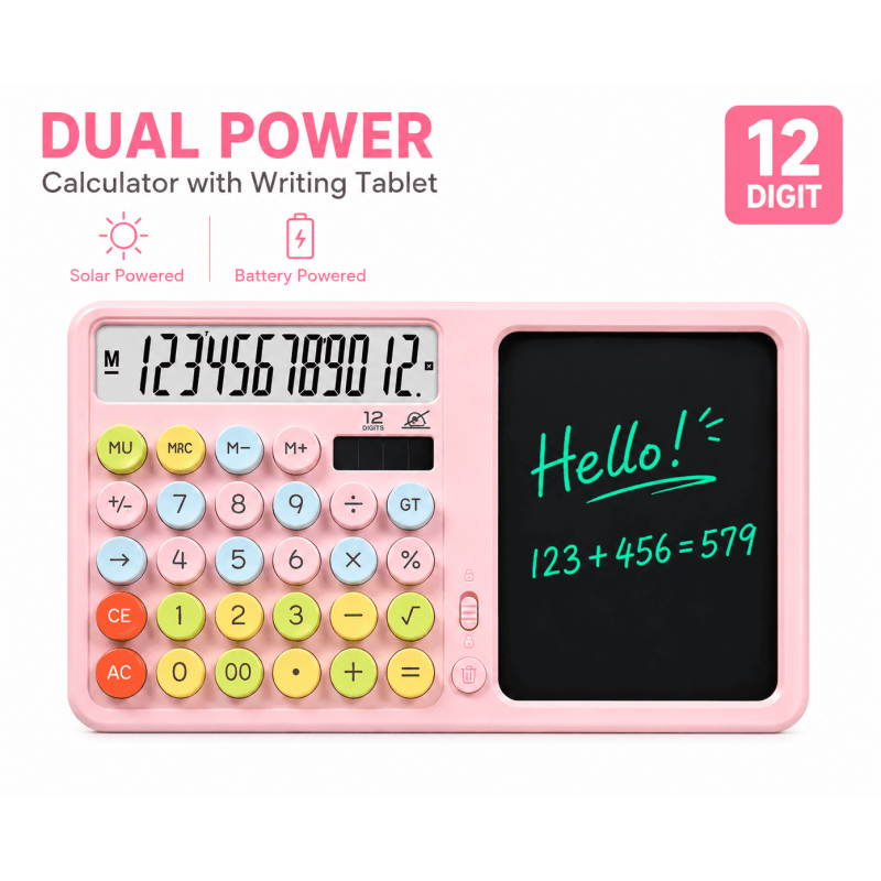 Pink Dual Power Silent Calculator with Writing Pad and Stylus - Office & School Desk Tool