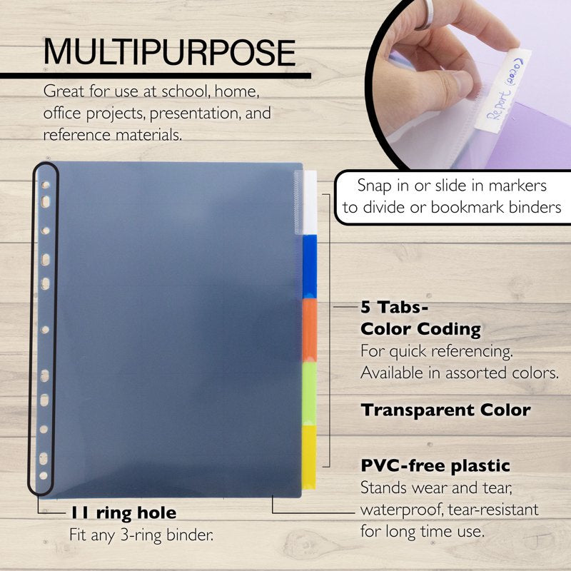 Binder Dividers with 5 Insertable Color Tabs for Organizing - 3-Ring Compatible