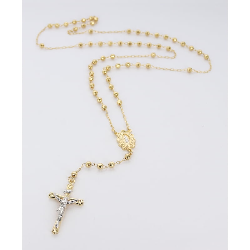 Sterling Silver 14K Gold Plated Rosary Necklace 26 Inches for Women Faith Jewelry