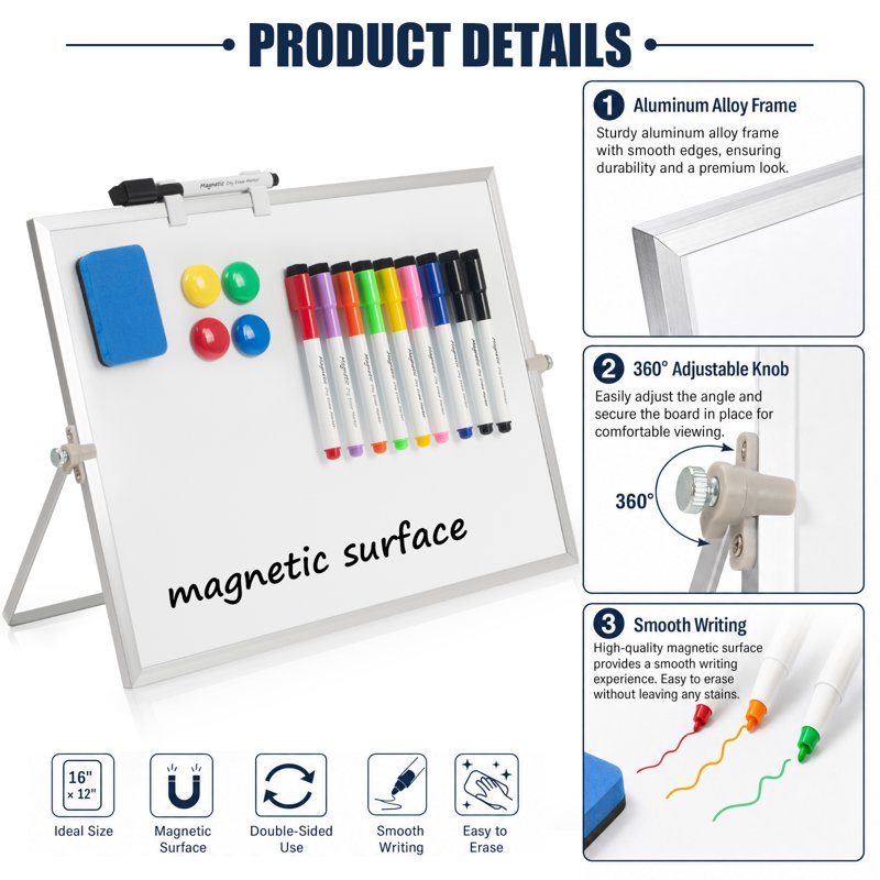 16-Inch Double-Sided Magnetic Whiteboard with Stand for Office & Home