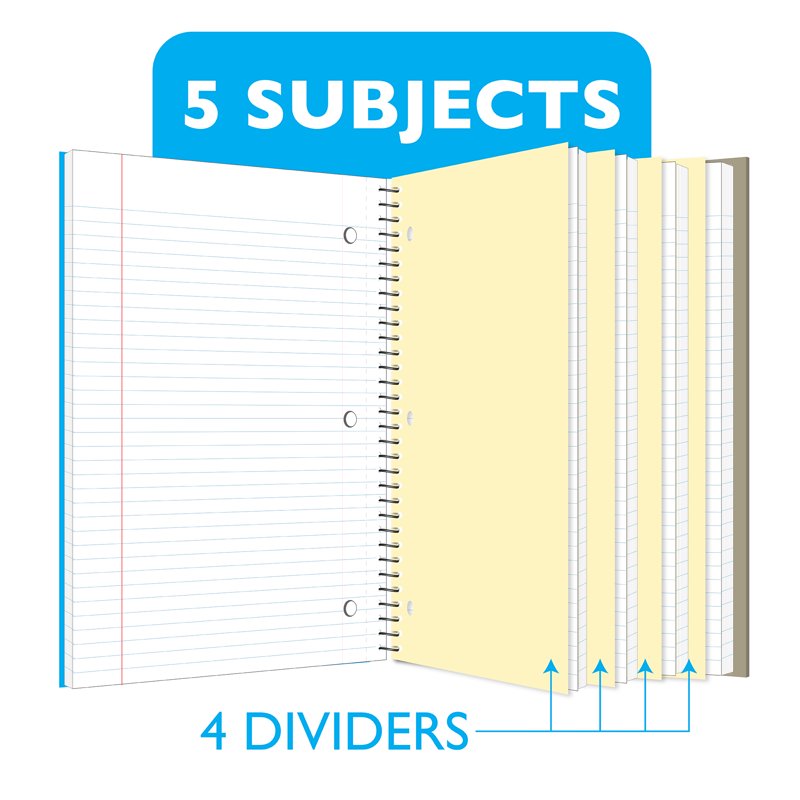 Set of 6 College-Ruled 5-Subject Spiral Notebooks 150 Sheets, 10.5 x 8 in